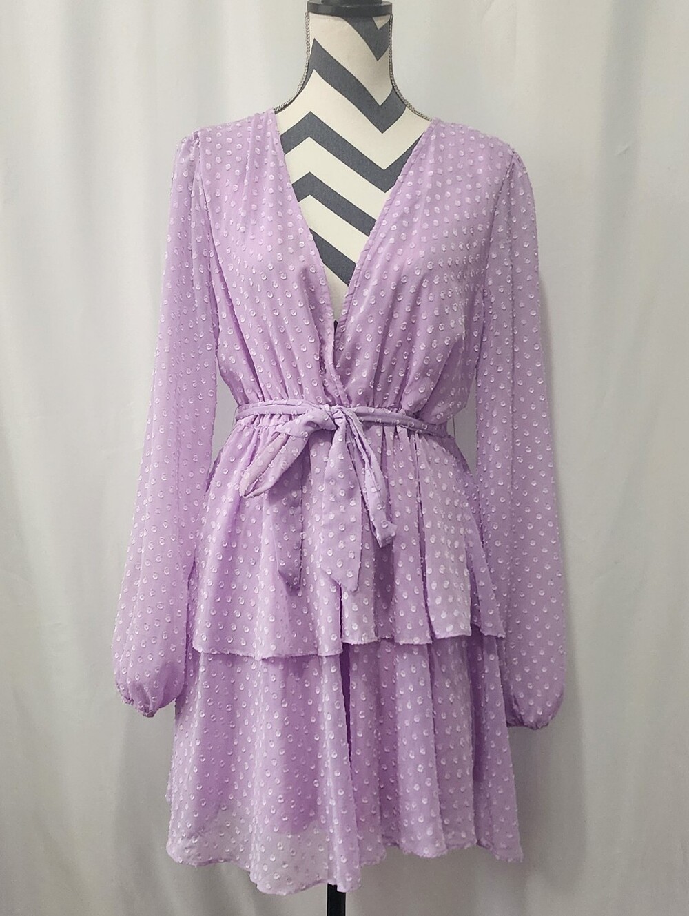 SHEIN Lavender Dotted Tie-Waist Long Sleeve Tiered Dress